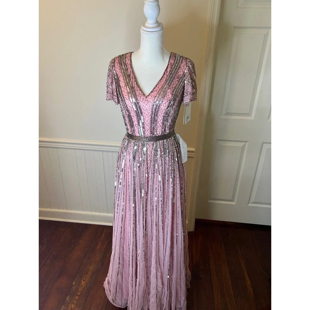 Mac Duggal 70108 Rose Pink Sequin Beaded Flutter Sleeve V-Neck Gown Dress size 4 - Picture 5 of 14